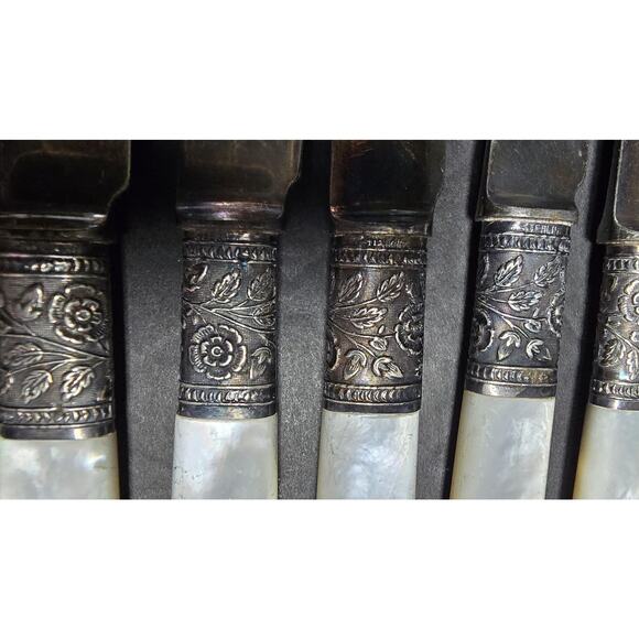 Mother of Pearl Fruit Knives Set of 6 Sterling Ferrule India Stainless Blades - Picture 9 of 10